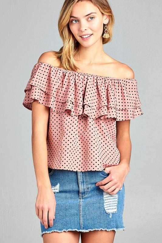 Women's Double Ruffle Off Shoulder Polka Dot Top - Bagzio