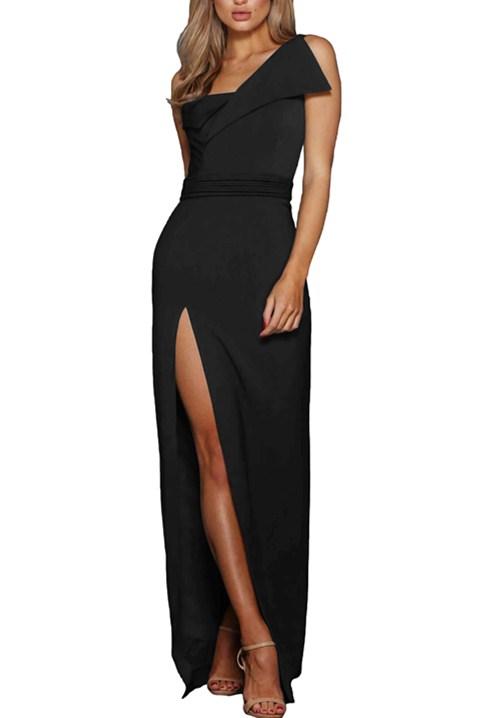 Black Asymmetric One Shoulder Floor Length Party Slit Dress - Bagzio