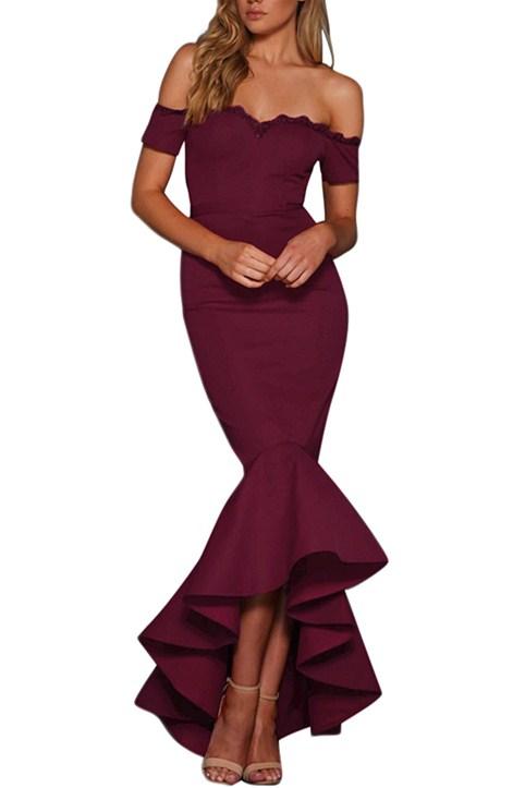 Burgundy Lace Trim Off Shoulder Fishtail Party Dress - Bagzio