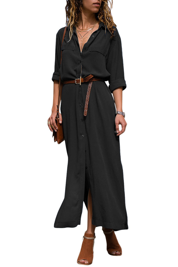 Casual Black Slit Maxi Shirt Dress with Sash - Bagzio