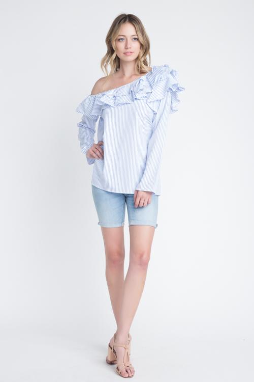Women's One Shoulder Stripe Ruffle Top - Bagzio