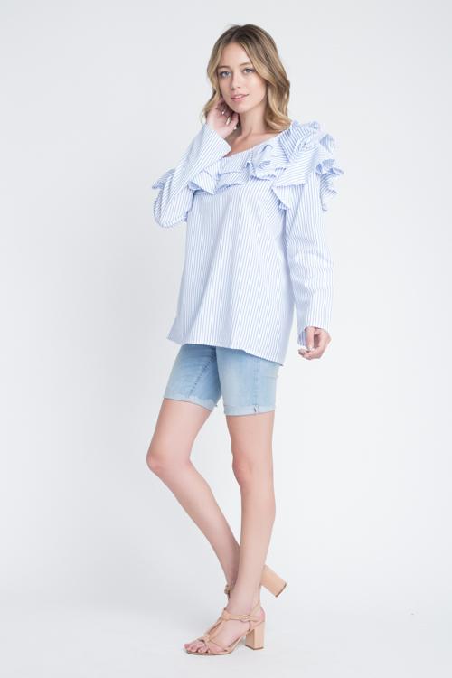 Women's One Shoulder Stripe Ruffle Top - Bagzio