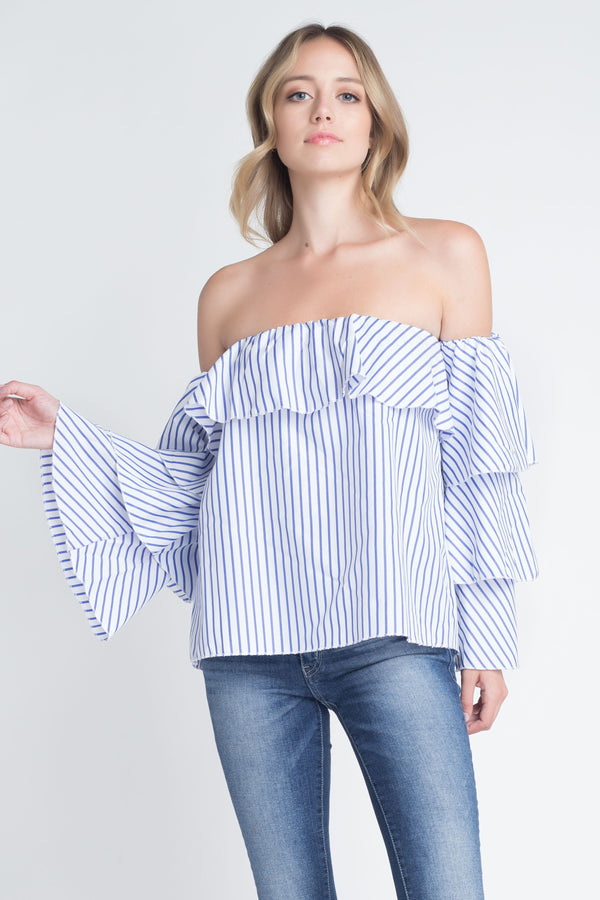 Women's Off Shoulder Stripe Ruffle Long Sleeve Top - Bagzio