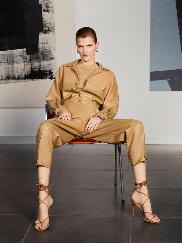 Lapel Collar Faux Leather Jumpsuit - Bagzio