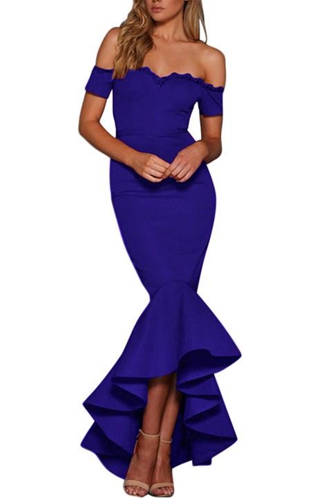 Royal Blue Lace Trim Off Shoulder Fishtail Party Dress - Bagzio
