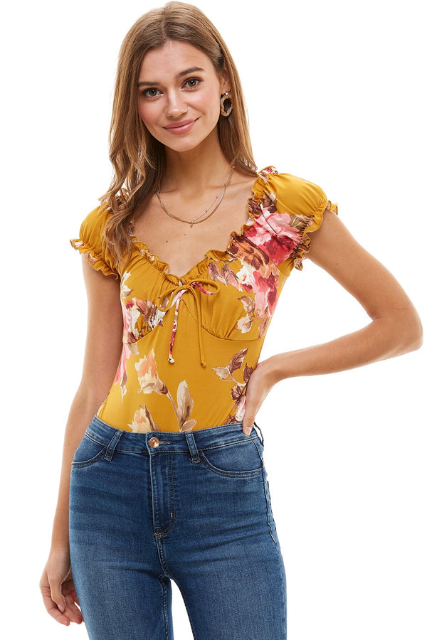 Floral Printed Peasant Style Bodysuit - Bagzio