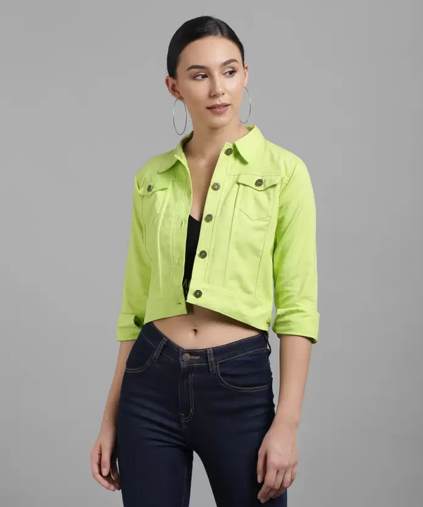 Women Solid Light Weight Casual Short Jacket (Color Neon Green) (Size - Bagzio